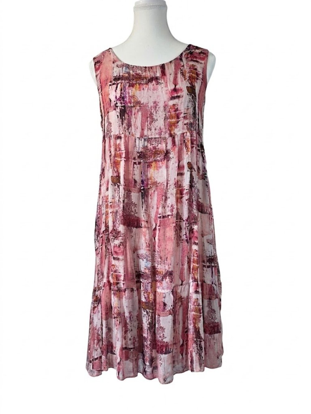 Bellambra Women’s Lined Silk Blend Tiered Abstract Pink Sundress Size S